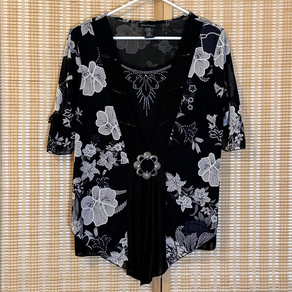 Appointments‎ Womens 1X Top Pull Over Black White Floral Office Preppy Brooch